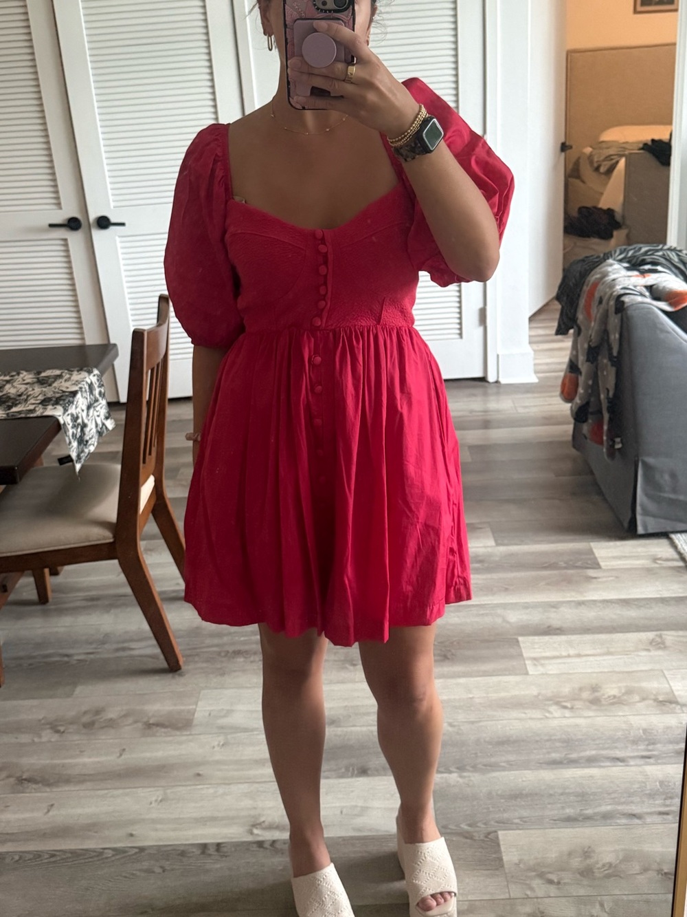 Anthropologie Puff-Sleeve Square-Neck Mini Dress in Hot Pink